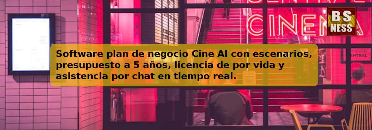 Software plan de negocio Cine AI con escenarios, presupuesto a 5 años, licencia de por vida y asistencia por chat en tiempo real.