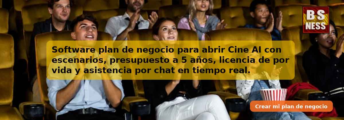 Software plan de negocio para abrir Cine AI con escenarios, presupuesto a 5 años, licencia de por vida y asistencia por chat en tiempo real.