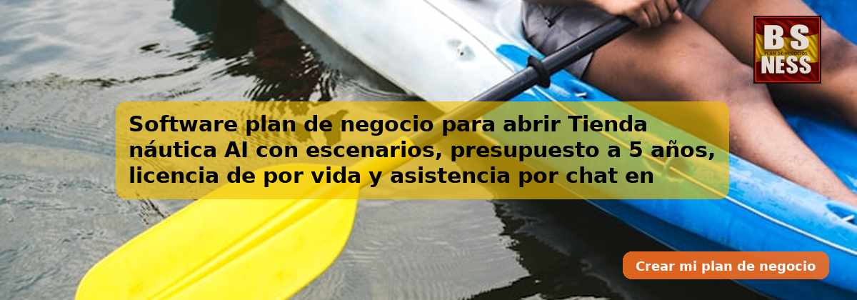 Software plan de negocio para abrir Tienda náutica AI con escenarios, presupuesto a 5 años, licencia de por vida y asistencia por chat en tiempo real.