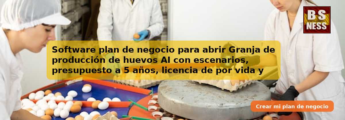Software plan de negocio para abrir Granja de producción de huevos AI con escenarios, presupuesto a 5 años, licencia de por vida y asistencia por chat en tiempo real.