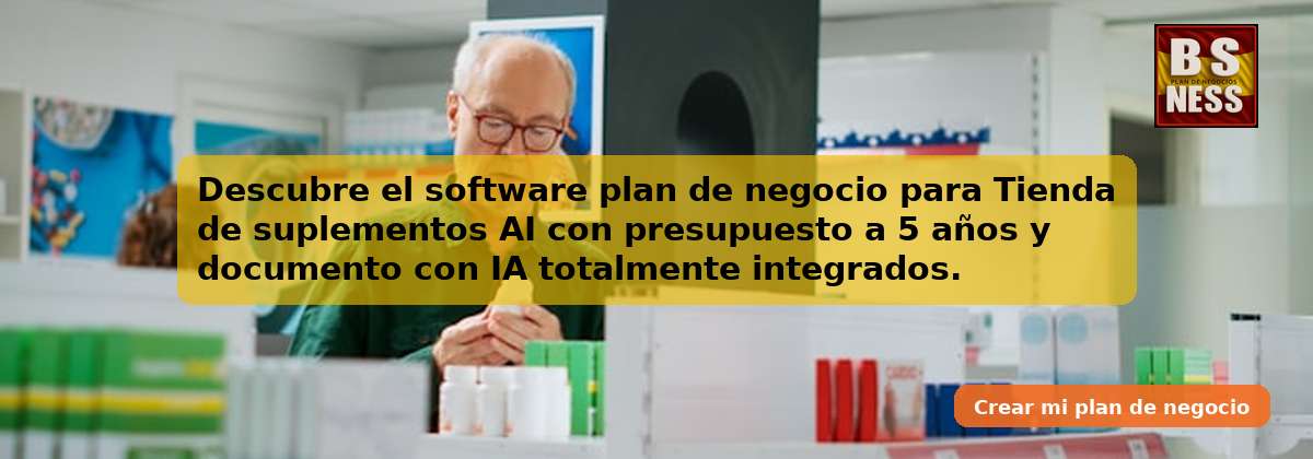 Descubre el software plan de negocio para Tienda de suplementos AI con presupuesto a 5 años y documento con IA totalmente integrados.